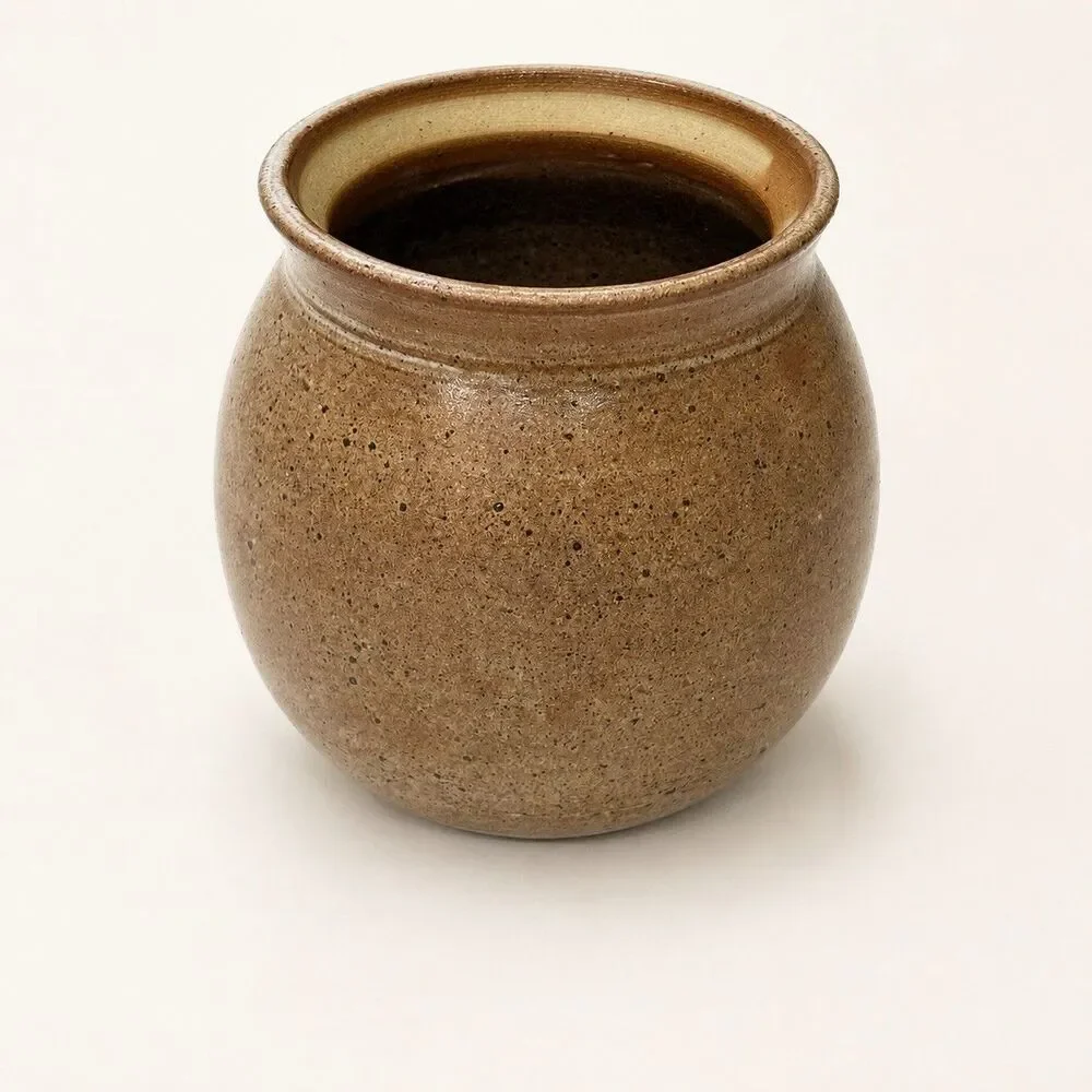 Studio Art Pottery Stoneware Vase Artist Signed 6in Brown Speckled Rustic Decor